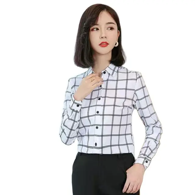 

Women Spring Autumn Style Blouses Shirts Lady Casual Long Sleeve Turn-down Collar Plaid Printed Blouses Tops DF4204