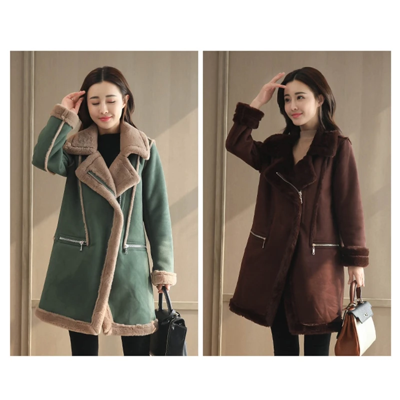Осеннее женское замшевое зимнее пальто с мехом Новое модное плотное длинное пальто из искусственной овчины женский однотонный теплый плащ K145
