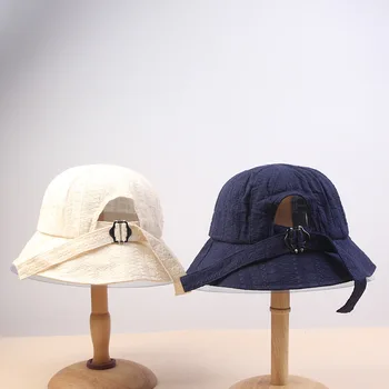 

Summer Solid Color Button Bucket Hats For Women Bowknot Shade Face UV Protection Sun Hat Sunscreen Caps 4 Colors