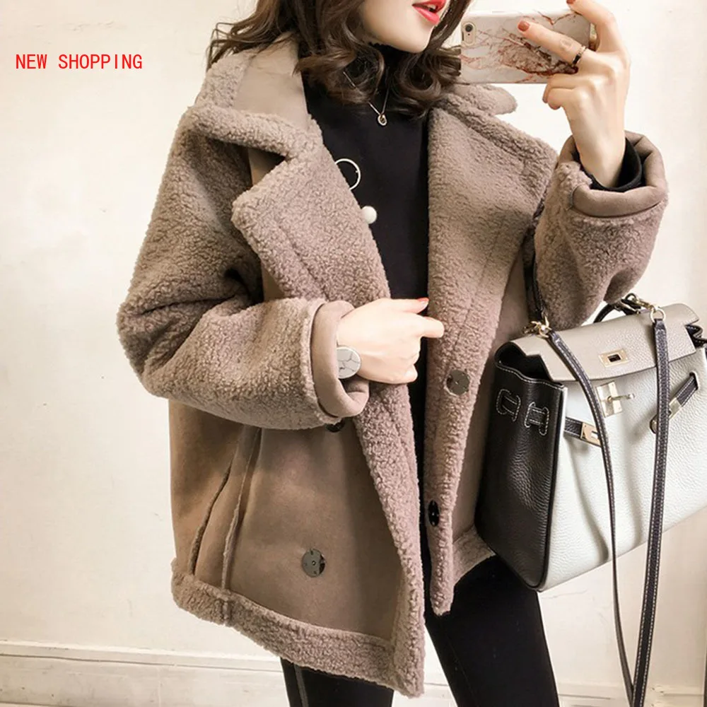 Winter New Lapel Lamb Wool Coat Female Loose Oversized Fur Motorcycle Jacket Tide Thicken Warm Fashion Women Jackets Coats Khaki