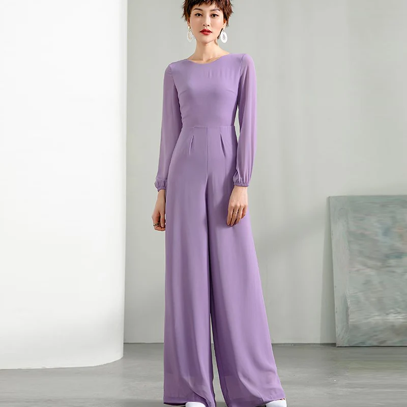

2020 Summer Jumpsuit for Women Purple Color Long Sleeve High Street Chiffon Elegant Party Wide Leg Rombers Plus Size 3XL 4XL
