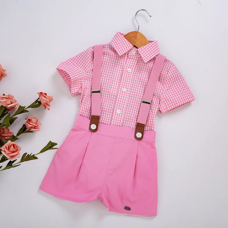 Cutestyles/комплекты одежды для мальчиков комплект из 2 предметов: Розовая клетчатая рубашка+ штаны на бретелях летняя детская одежда для мальчиков B-DMCS103-B235-PINK