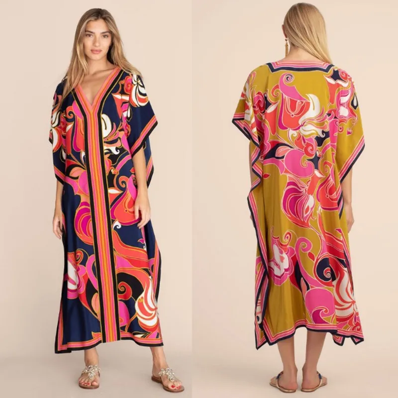 

Bohemian Print Bikini Cover-ups Summer Beach Dress Beach Tunic Women Beachwear Kaftan Swimsuit Cover Up Long Robe Sarong