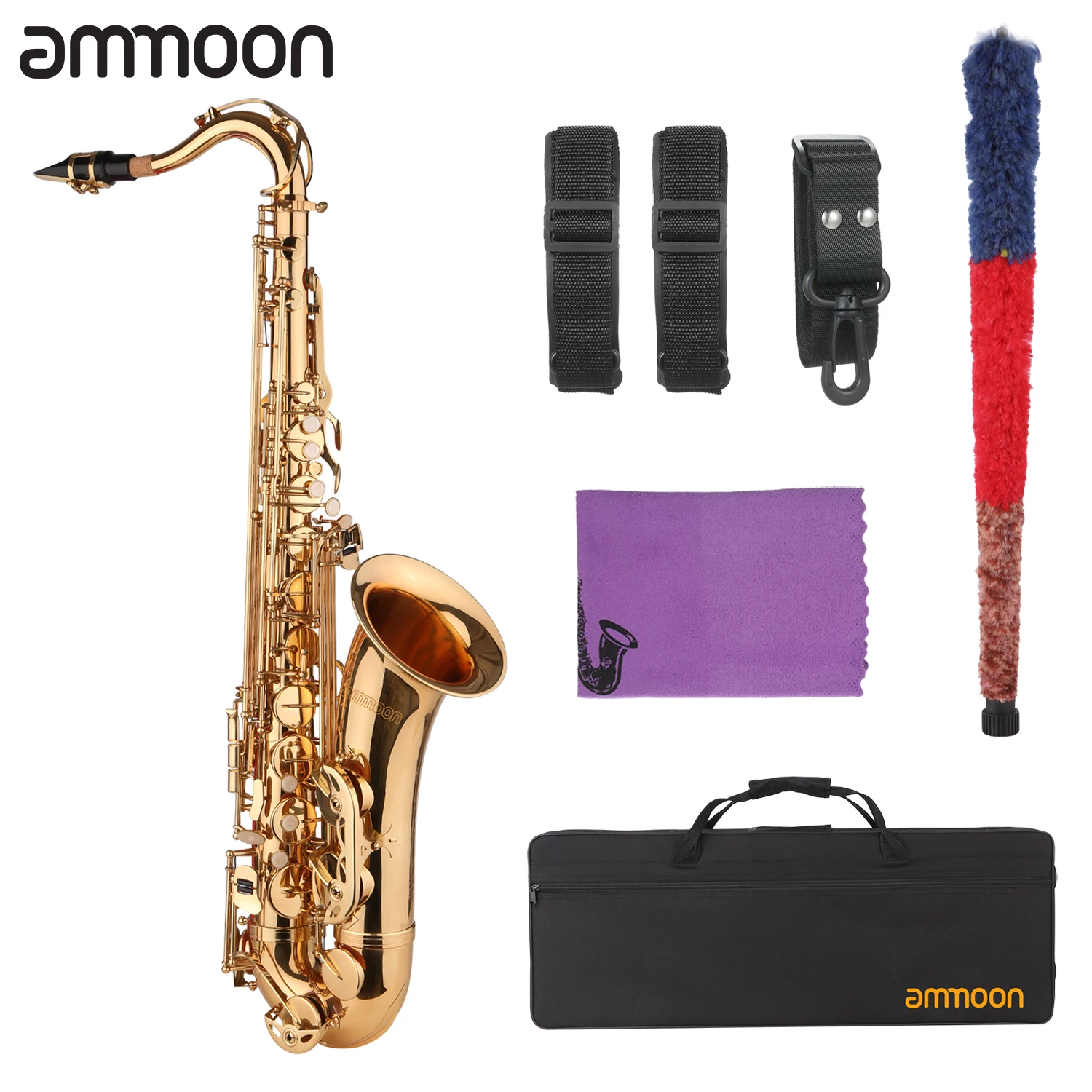 Ammoon saxofone bb b flat, tenor, saxofone banhado a ouro, com bocal