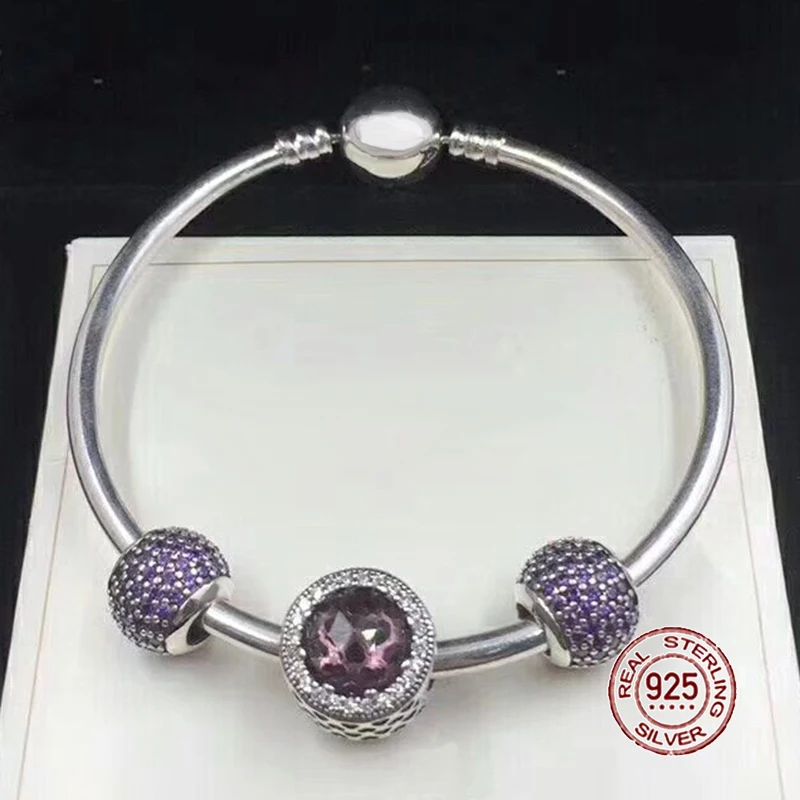 

NEW 100% 925 Sterling Silver Bracelet Brown & Purple Charm Bangles for Women With DIY Beads Love Jewelry Bracelet Sets Gift