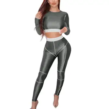 

2Pcs Sports Women Solid Color Long Sleeve Crop Top Elastic Waist Pants Tracksuit