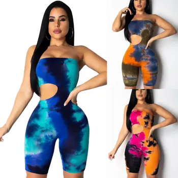 

Lady Spring Summer Sports Yoga Set Women Tie Dyeing Bodycon Strapless Bodysuit Casual Jumpsuit Club Party Romper