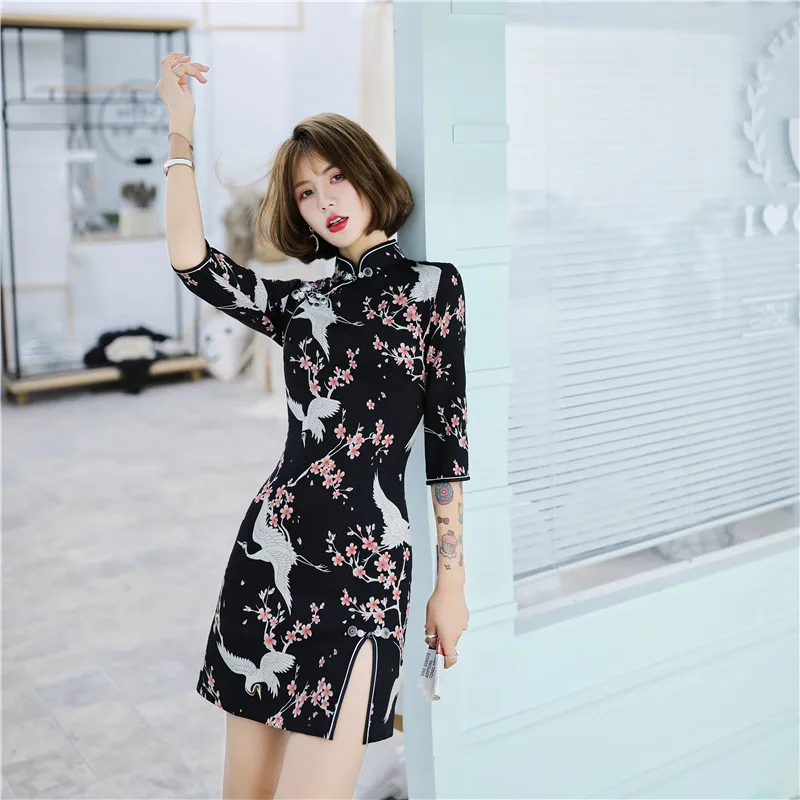 B Темно-синий китайский традиционный стиль Cheongsam элегантное женское платье на пуговицах ручной работы воротник-стойка сексуальное короткое платье Размер S-XXL - Цвет: B