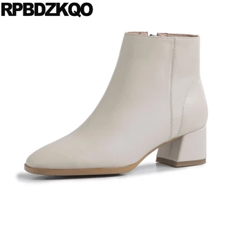 

booties chunky fall fur shoes beige square toe high heel genuine leather side zip boots ankle block 2019 ladies custom women