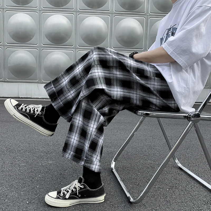 Men Wide Leg Casual Pants Plaid Ankle Length Elastic Waist