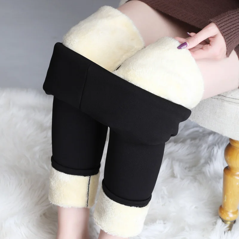 lã de Cordeiro Inverno Quente Calças Femininas Mais Veludo Engrossar Preto Casual Manter Pantalon Femme 3 Calças e capris
