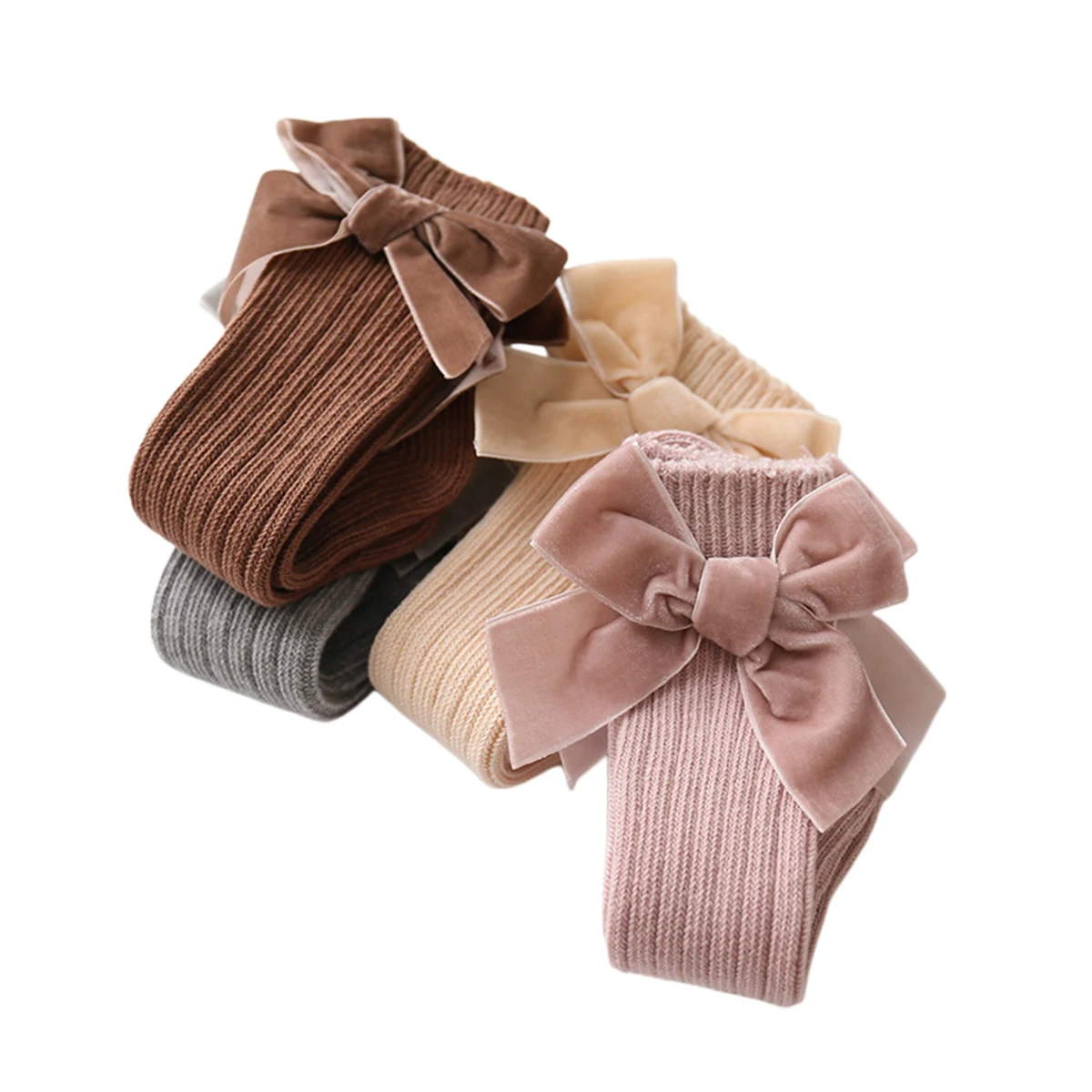 Baby Girl Knee High Rib Stockings Winter Warm Combed Cotton Knitted Stockings with Big Velvet Bow for Infants Toddlers 1-3Years cotton knee socks