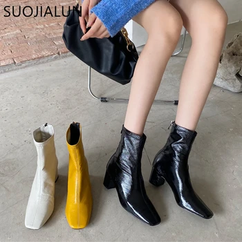 

SUOJIALUN 2021 New Women Soft Patent Leather Ankle Boots Round Toe Square High Heel Short Booties Shoes Ladies Chelsea Shoes