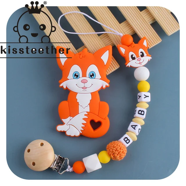 Kissteether Personalized Name Handmade Pacifier Clips Holder Chain Silicone Pacifier Chains Set Civet Cat Baby Teether Chain Orange