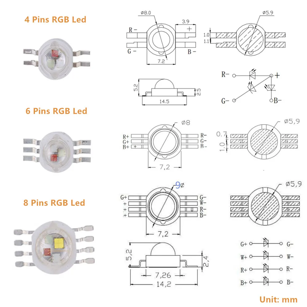 1 Вт 3 RGB RGBW Led 4 контакта 6 контактов 8 светодиодные чипы светильник кой мощности для