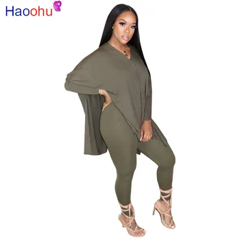 

HAOOHU High Street Women's Set Split Hem V-neck Long Sleeve T-shirt Sweatpants Jogger Suit Tracksuit Matching Set Outfit 2pcs