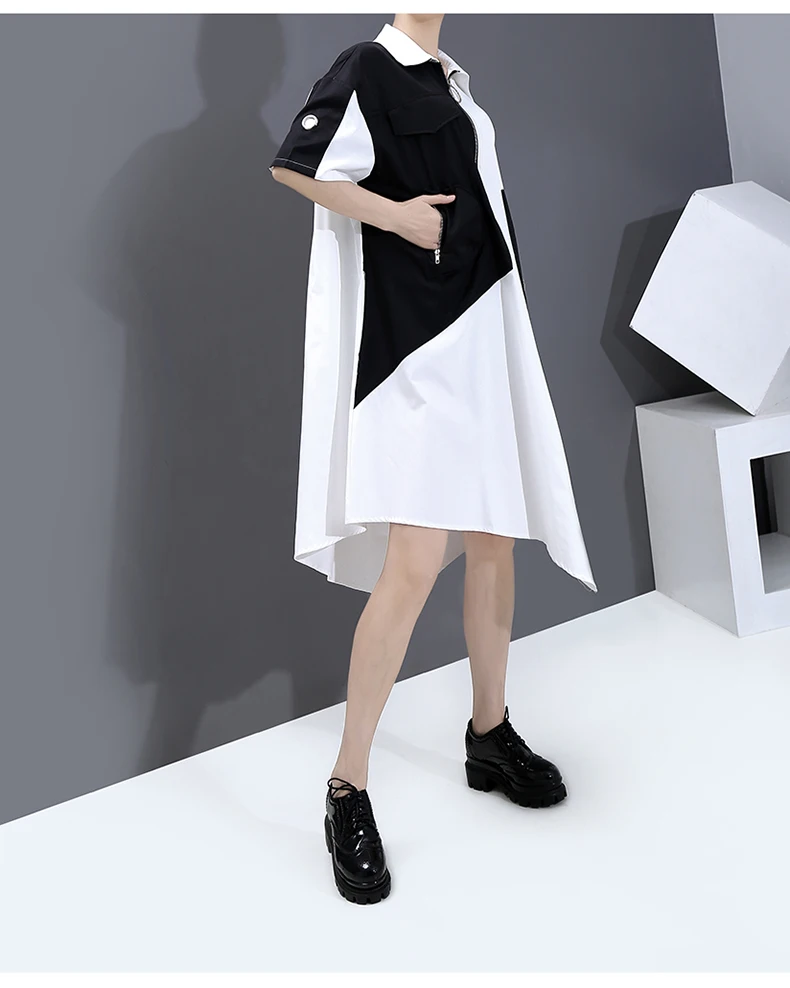 New Fashion Unique Style Tide Shirt Dress Zipper Pocket Patchwork Plus Size Dresses