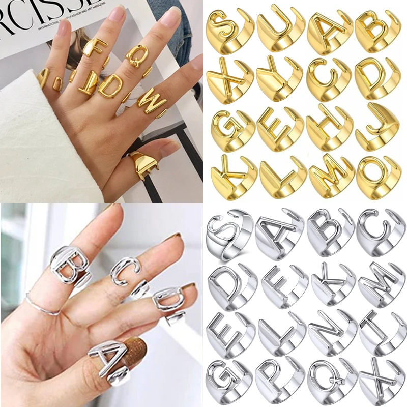 Precio reducido Anillos con letras de A-Z hueco para mujer, anillo de apertura ajustable de Metal, iniciales del nombre joyas con alfabeto, regalos para dedos de fiesta X6MNeRwaOkD