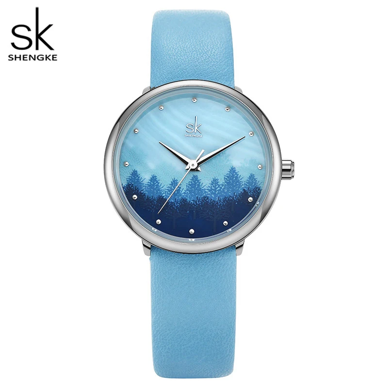 Women Watches Movement Clock-Blue-Band Zegarek Gift Shengke Spring 30mm Dial Damski Birch