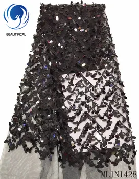

Beautifical african lace fabrics black sequins with tulle lace fabric New design nigerian lace fabric for dress ML1N1428