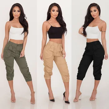 

Summer High Waist Pants Casual Office Lady Calf-Length Pants Pockets Fashion 2020 New Drawstring Harem Pants Black Green Khaki