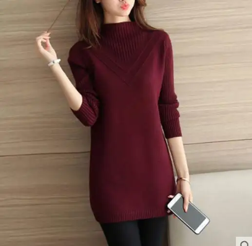 Fdfklak Spring Autumn New Turtleneck Sweater Women Korean Loose Medium Long Thick Knit Top Pullover Bottoming Sweaters Pull