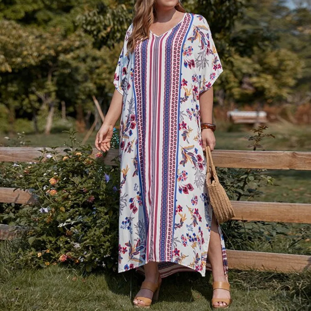 MAYW Women Plus Size Floral Loose Long Maxi Dress with Pockets Oversized Bohemian Summer Caftan Beach Dress 