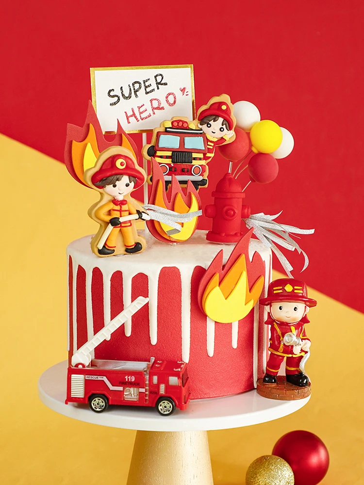 

Cute Firefighter Truck Toy Car Ornaments Cake Topper Decoration Fire Hero Theme Dress Up Men Boy Birthday Party Baking Supplies