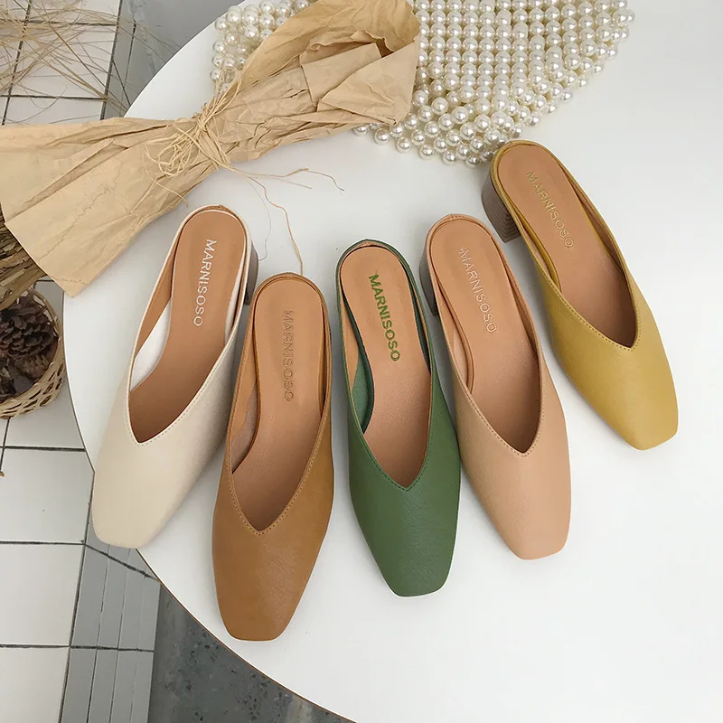 

2019 Summer New Style Closed-toe Low-Cut V Mouth Low Heel Square Root Lazy ban tuo xie Simple Solid Color College Style