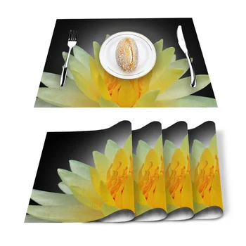 

Yellow Lotus Flower Placemat Washable Cotton Linen Table Cloth Pad Mat Rectangle Placemats Heat Resistant