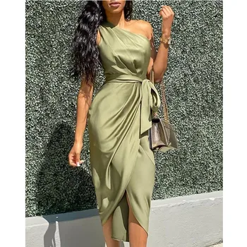 

Women Casual One Shoulder Ruched Design Party Dress Off Shoulder High Waist Office Lady Work Drss