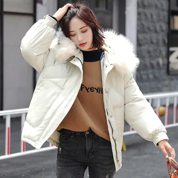 

Women Windproof Solid Down Jacket Daily Winter With Pockets Outerwear Casual Warm Long Sleeve Thickening Faux Fur Hooded Short