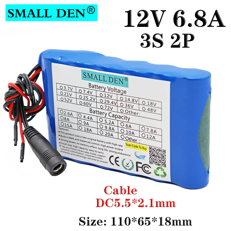 

12V 6.8Ah 18650 li-ion Rechargeable Battery pack 3S2P 6800mAh DC 12.8V Portable CCTV Cam Monitor battery with Protection Board