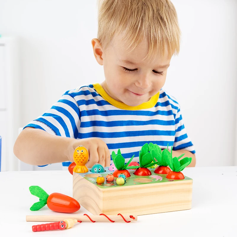 Kid Wooden Montessori Toy Harvest Carrot Block Fishing Set Size Shape Cognition Catching Worm Education Puzzle For Children Gift
