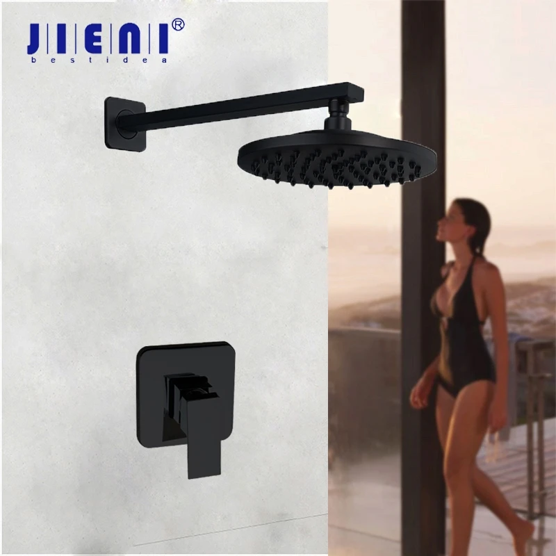 JIENI 8/16 Inch Black Round Wall Mounted Bathroom Rainfall shower faucet Sets Oil Rubbed Bronze head &amp hand Shower Set | Обустройство