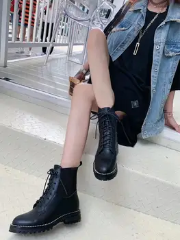 

Ollymurs New Genuine Leather Black Women Autumn Winter Ankle Boots Round Toe Lace Up Fashion Boots Shoes Women
