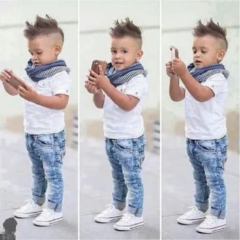 

2020 Summer Boys Clothing Set Baby boy Children Short Sleeve White T-shirt Long Jeans Bib 3 pcs Kids Clothes Causal Sports Suits
