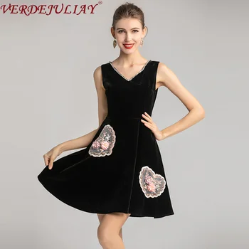 

VERDEJULIAY High Quality Black Dress Women 2020 Spring Summer New Fashion Sleeveless V-Neck 3D Appliques Beading Diamonds Dress