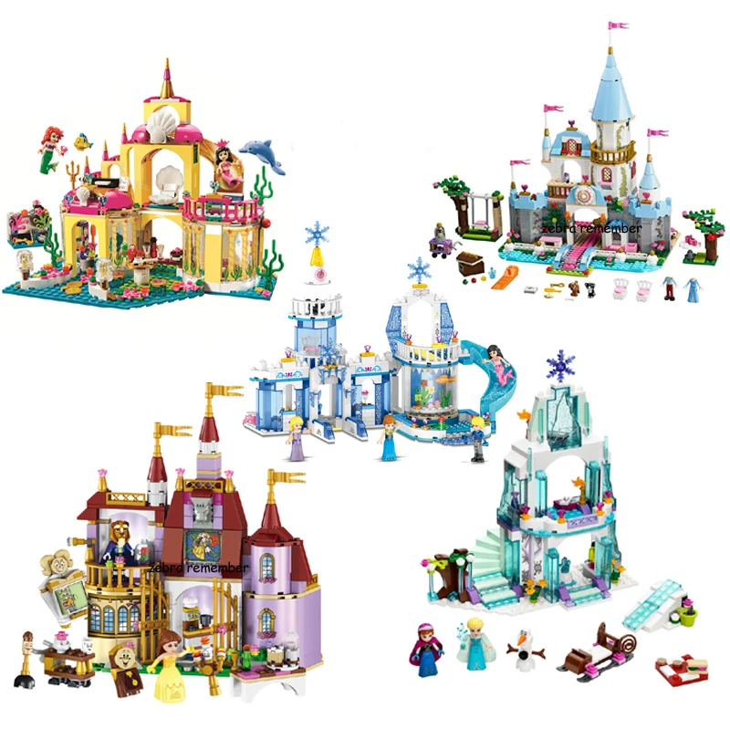 

Elsa Anna Belle Ariel Moana Cinderella Castle Building Blocks Bricks Compatible Princess Legoinglys Friends Figures Girl Toys