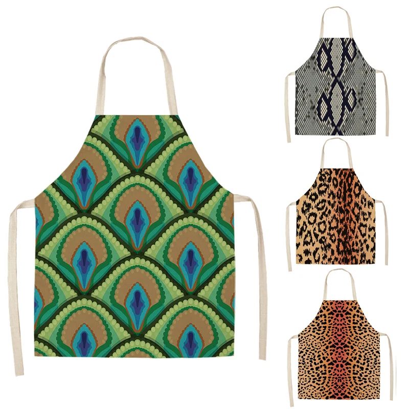 1 Pcs Leopard Print Kitchen Aprons for Women Men Home Cooking Baking Waist Bib Cotton Linen Pinafore Cleaning Tools