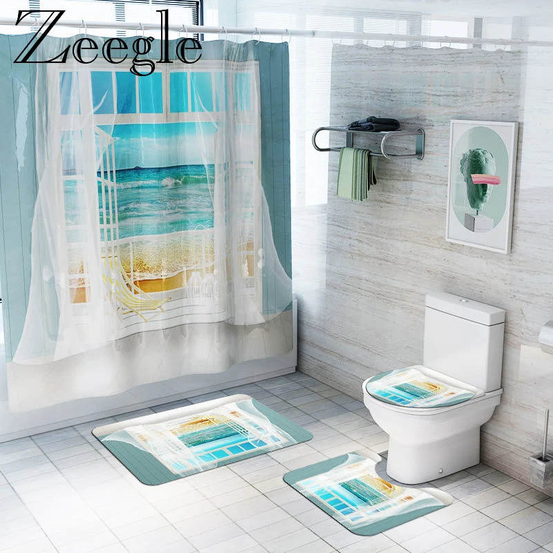 Zeegle Bath Curtain Anti-slip Shower Mat Bathroom Carpet Absorbent Toilet Rug Foot Mat Washable Bathroom Rug Set