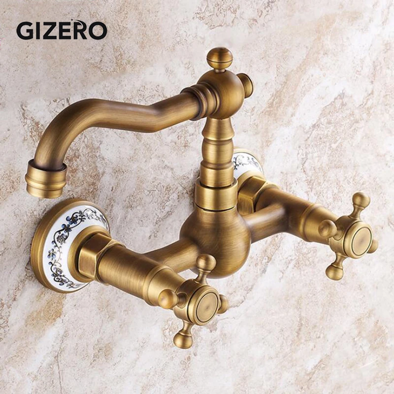  Antique Copper Double Handle Swivel Spout Kitchen Mixer Faucets Solid Brass Basin Mixer Faucet with - 32742895049