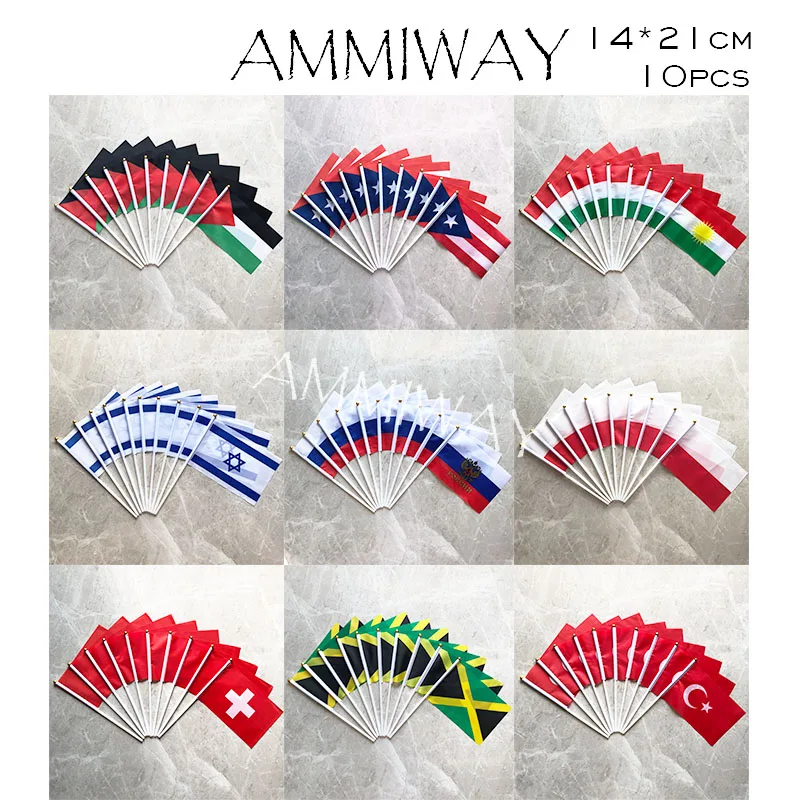 AMMIWAY 14x21cm 10pcs Palestine Puerto Rico Kurdish Israel Russian Federation Poland Switzerland Jamaica Turkey Small Hand Flag | Дом и сад