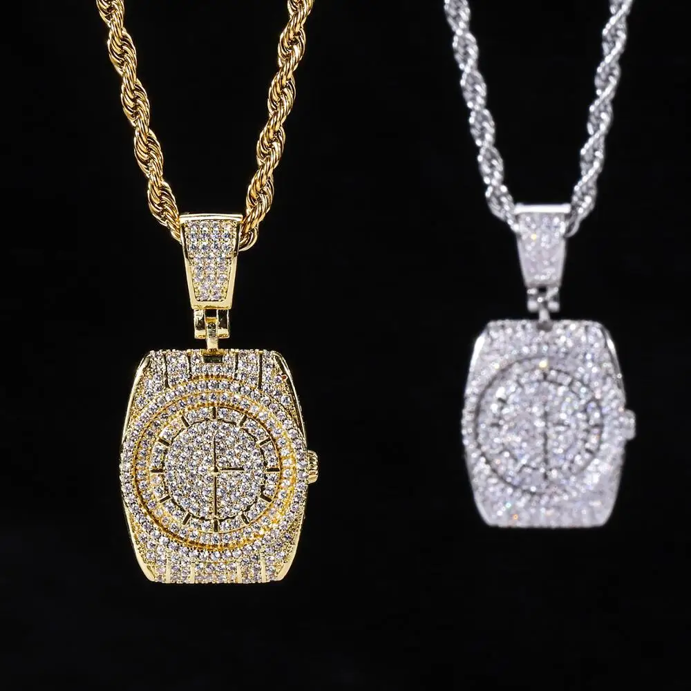 

Men Hip hop iced out bling Dial Watch pendant necklaces Pave setting AAA Zircon male Charm pendants necklace Hiphop jewelry gift