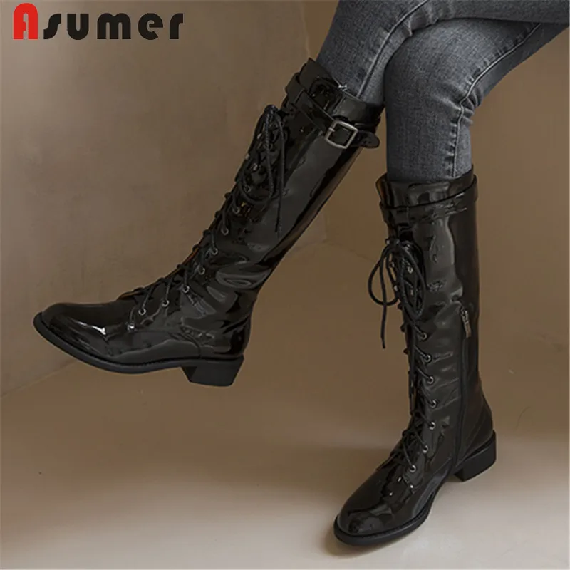 ASUMER/Большие размеры 34-43; модные ботинки из натуральной кожи; женские сапоги до середины икры с круглым носком; ботинки на молнии с перекрестной шнуровкой; сезон осень-зима;