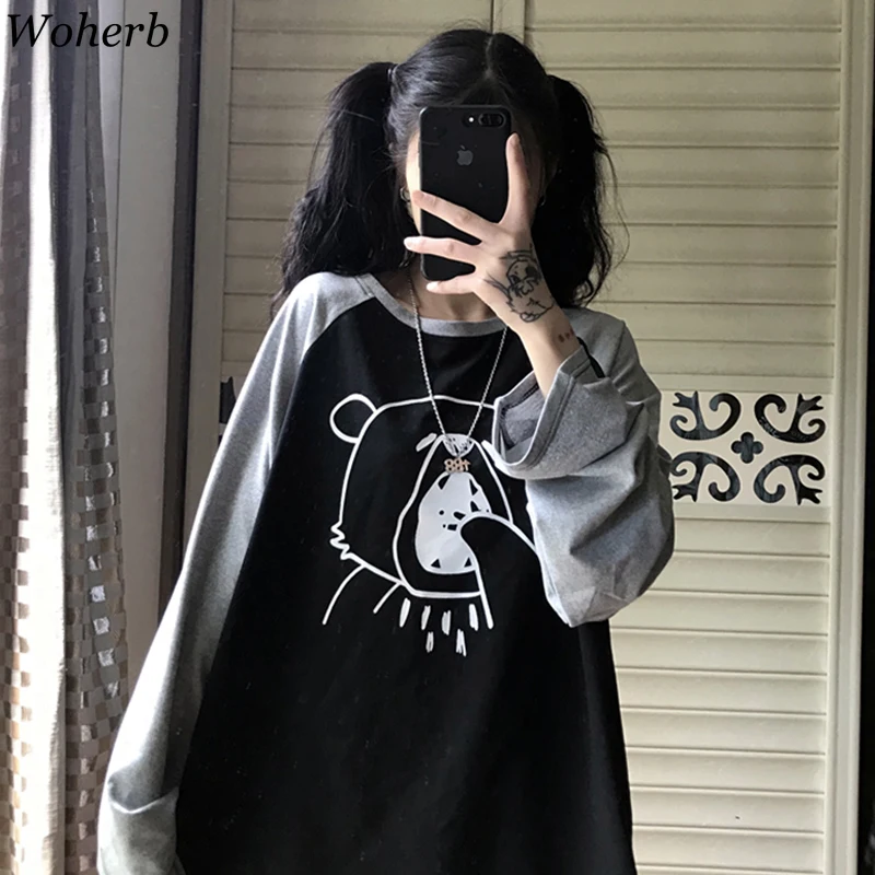 Woherb Harajuku, мультяшная Футболка с принтом, топы для женщин, весна-осень, новинка, уличная одежда, футболка с длинным рукавом, Женская Корейская одежда