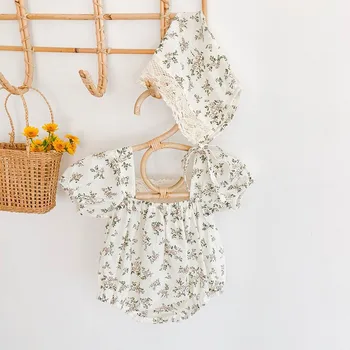 

Baby Girl Floral Bodysuit Summer Backless Short Sleeve Jumpsuit Baby Girl Flower Pattern Onesie With Hat