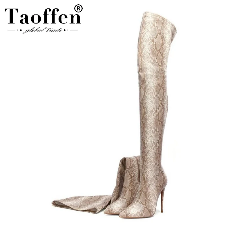 

Taoffen Size 35-45 Women Over Knee High Boots Super High Stiletto Heels Sexy Pointed Toe Winter Warm Snakeskin Pattern Shoes