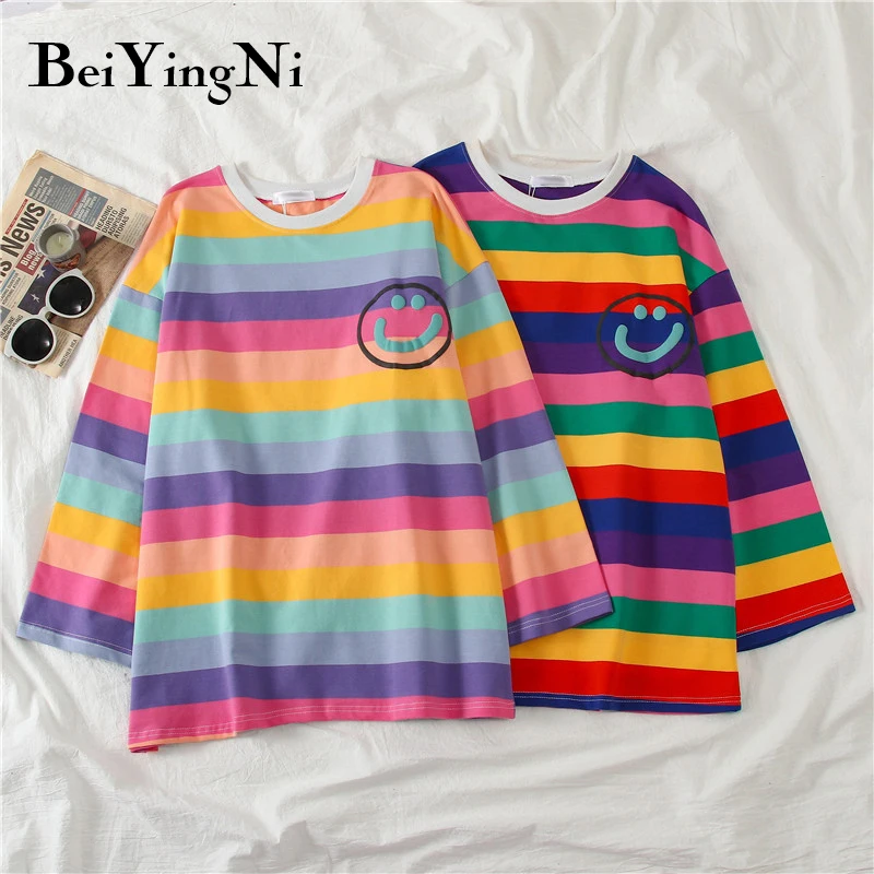 

Beiyingni Spring Autumn Rainbow Stripe Harajuku T-shirt for Woman Loose Full Sleeve Hipster T Shirt Female Smile Printed Tee Top