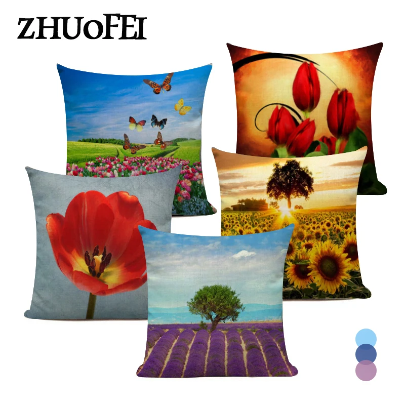 Bucolic Style Cushion Covers Sea of Flowers Decor Pillow Covers Lavender Flowers Print Pillow Case Linen Throw Pillowcase